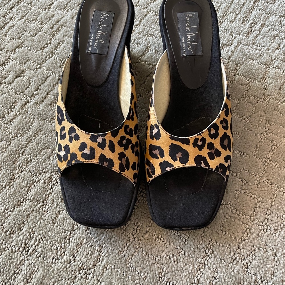 nicole miller leopard print open toe mules